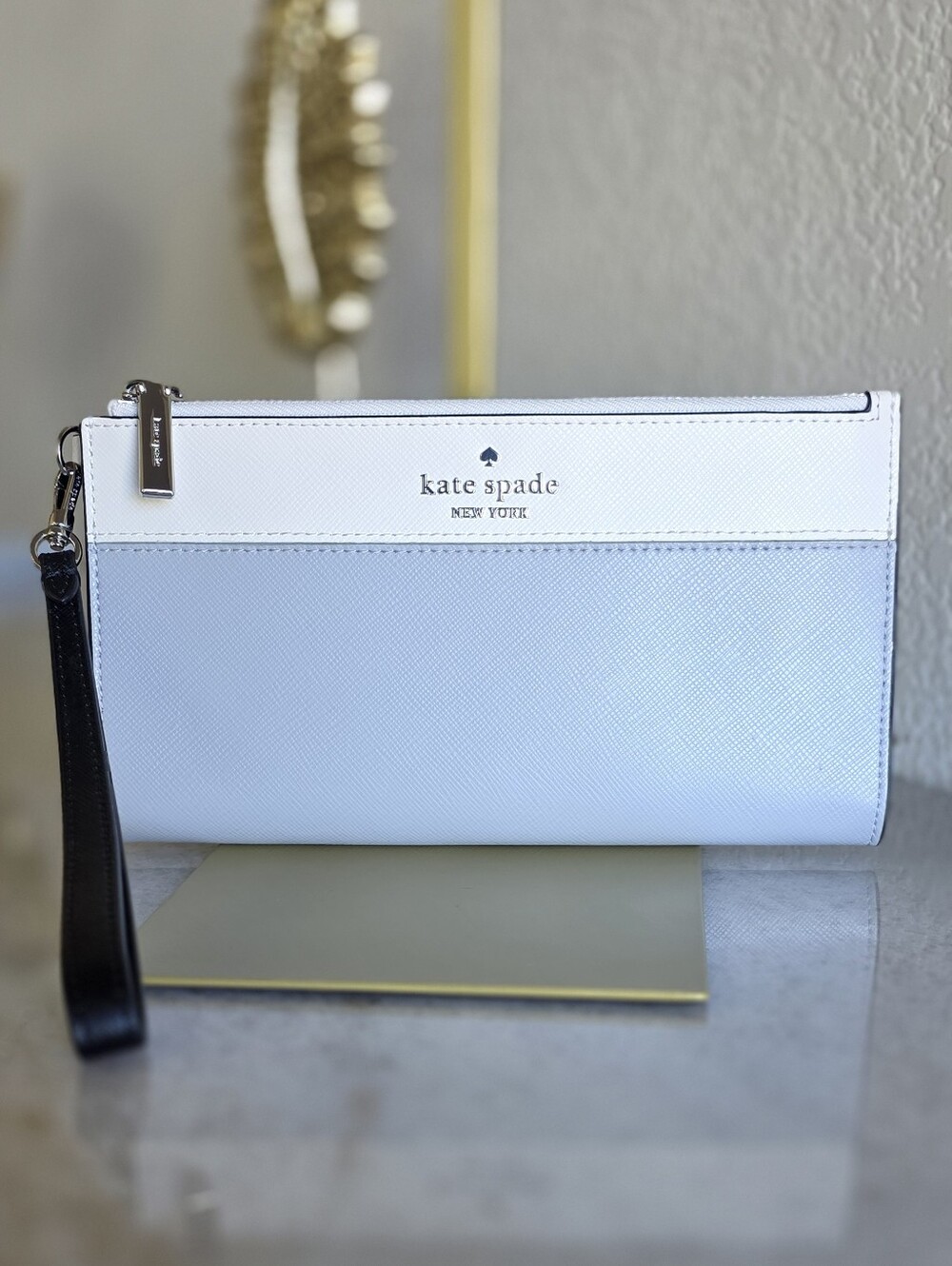 Kate Spade Madison Double Zip Saffiano Leather Wristlet Grey and Cream